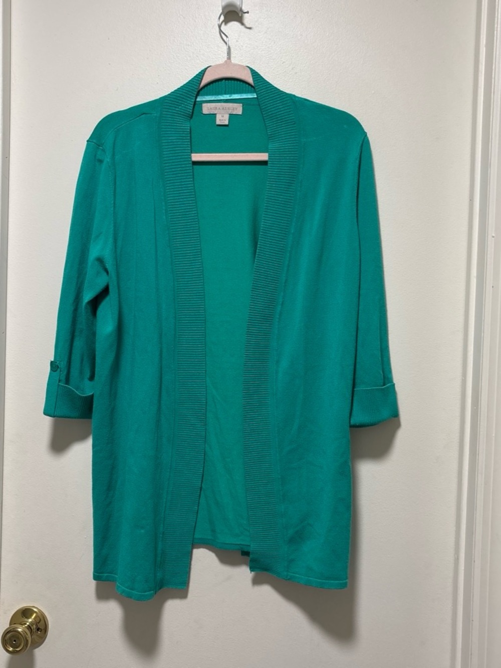 Laura Ashley Teal Open-Front 3/4 Sleeve Cardigan fall sweater soft casual